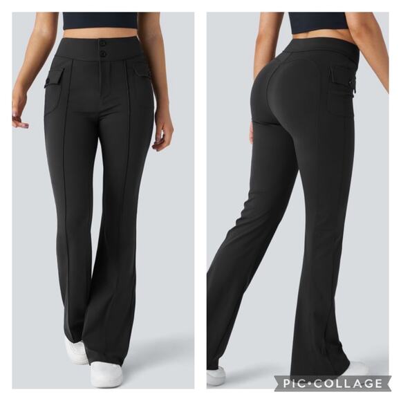 Halara Black High Waisted Side Flap Pocket Flare Cargo Pants Size Large - Picture 1 of 6